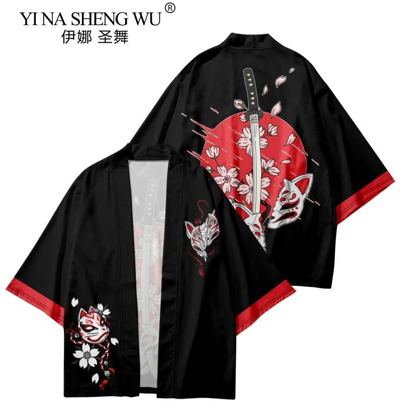 Men Kimono Japanese Traditional Costumes Fashion Kimono Haori Fox Cardigan Jacket Beach Wear Cloak Samurai Shirt Coats Oversized