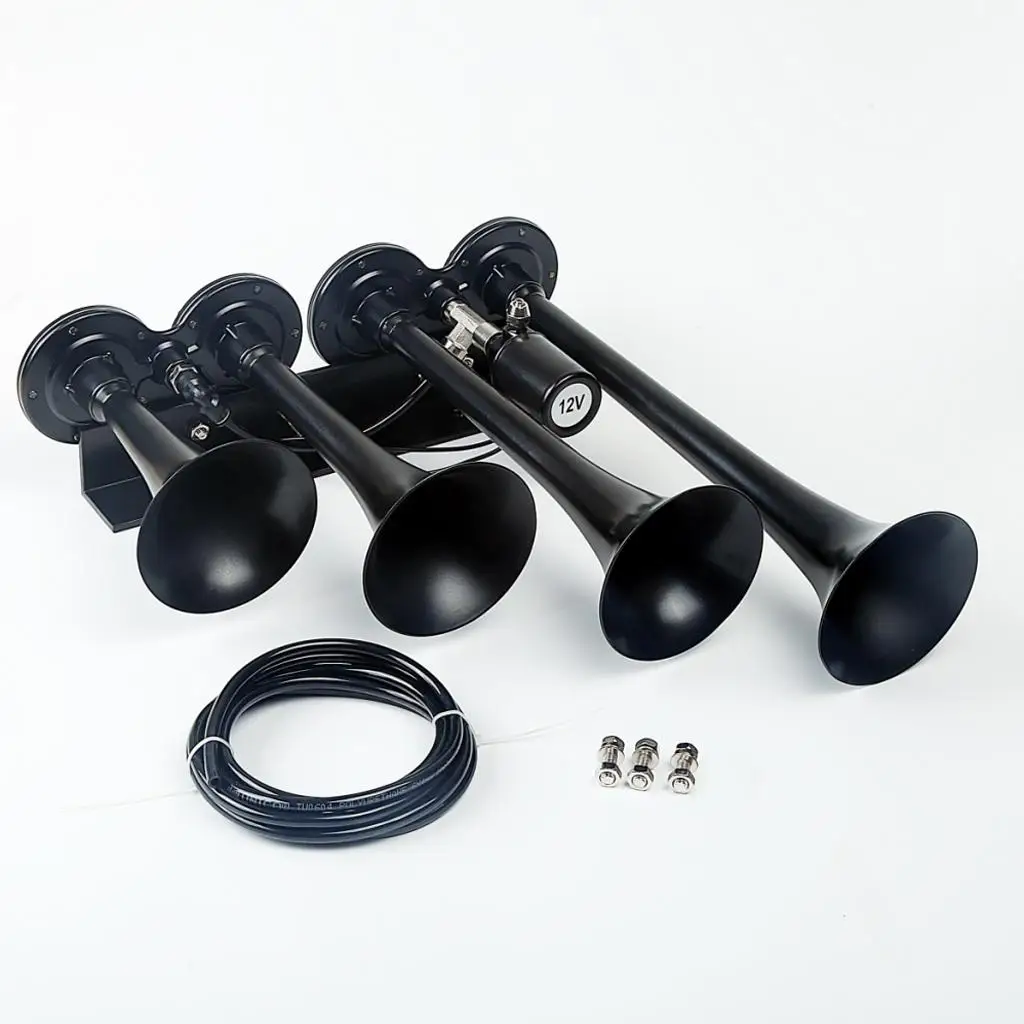 4/Four Trumpet Quality Trumpet Air Horn with 12 Solenoid, Loud 150db for Truck Lorry Boat Train, Black AS097AB