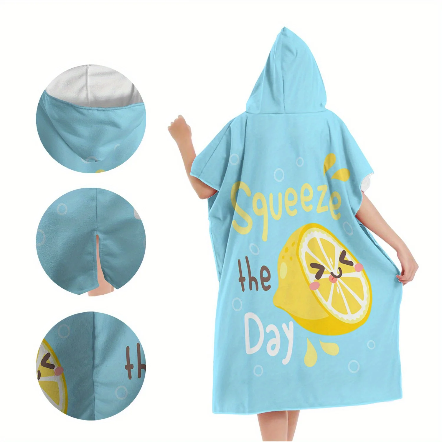 레몬 Squeeze the Day 프린트 후드 타월 판초 1개, 속건성 폴리에스터 비치 체인징 로브, 가족/커플용 수영 판초