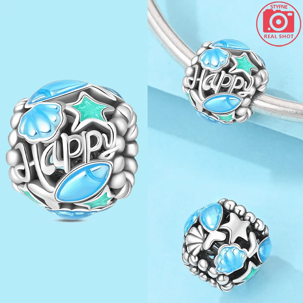 925 Sterling Silver Ocean Series Blue Turtle Starfish Shell Fit Original Bracelet Charms for Women diy Fine Jewelry Gifts