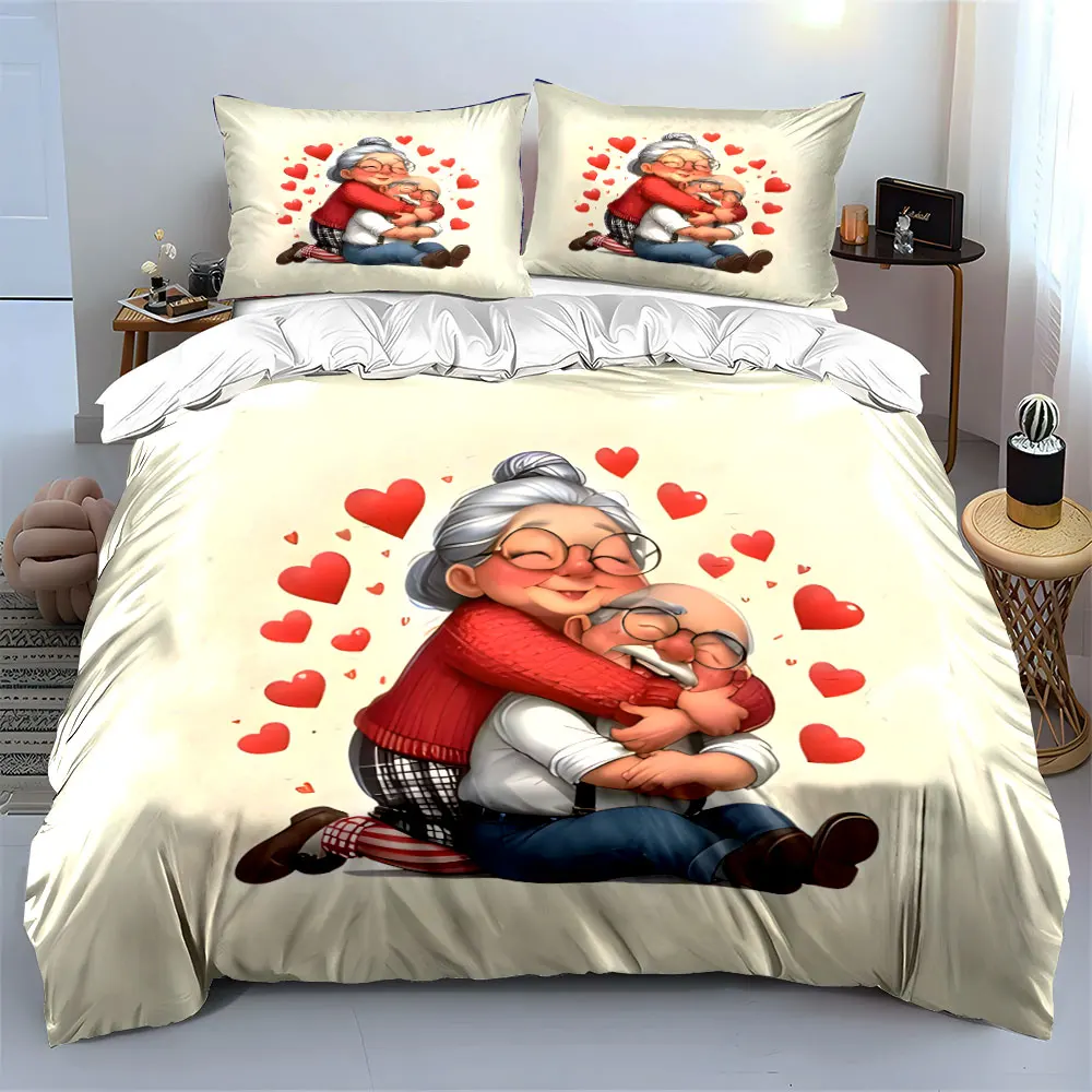Cute Cartoon Elderly Couple Hug Red Heart Bedding Set,Sweet Old Grandma Grandpa Love Print 1 Duvet Cover + 2 Pillowcase, gift 2