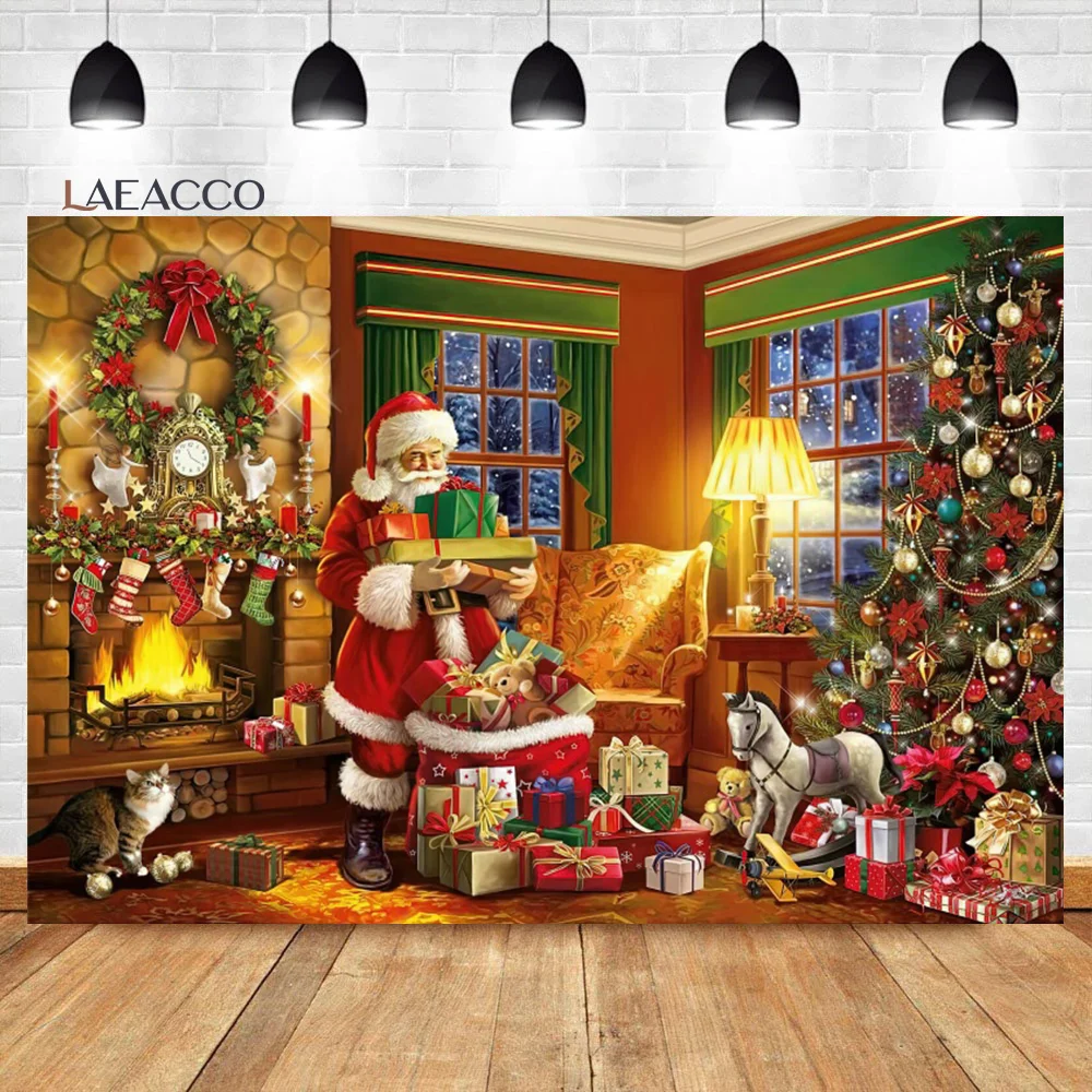 

Laeacco Christmas Photography Backdrop Santa Claus Winter Glitter Xmas Tree Fireplace Adults Kids Birthday Portrait Background