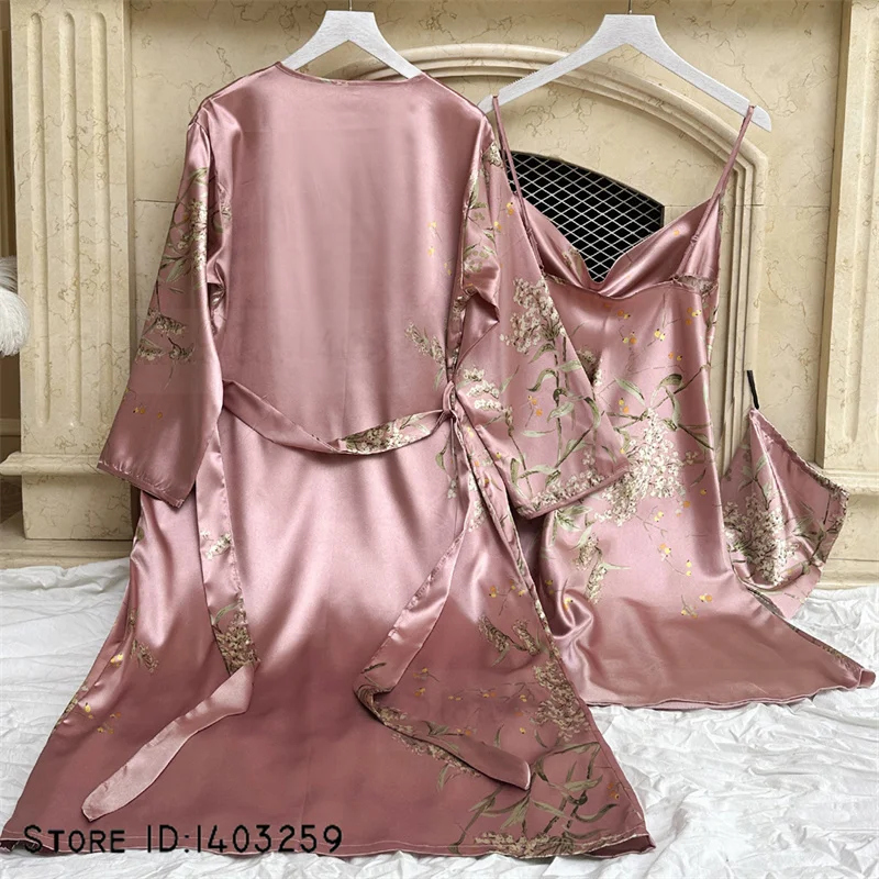 Women Sleepwear Sleepwear Pajamas Women Dress Sexy Female Long Bathrobe Nightdress Set Summer Sleepwear Spaghetti Strap Nightgown Lingerie Loose Print Cherry Satin Homewear