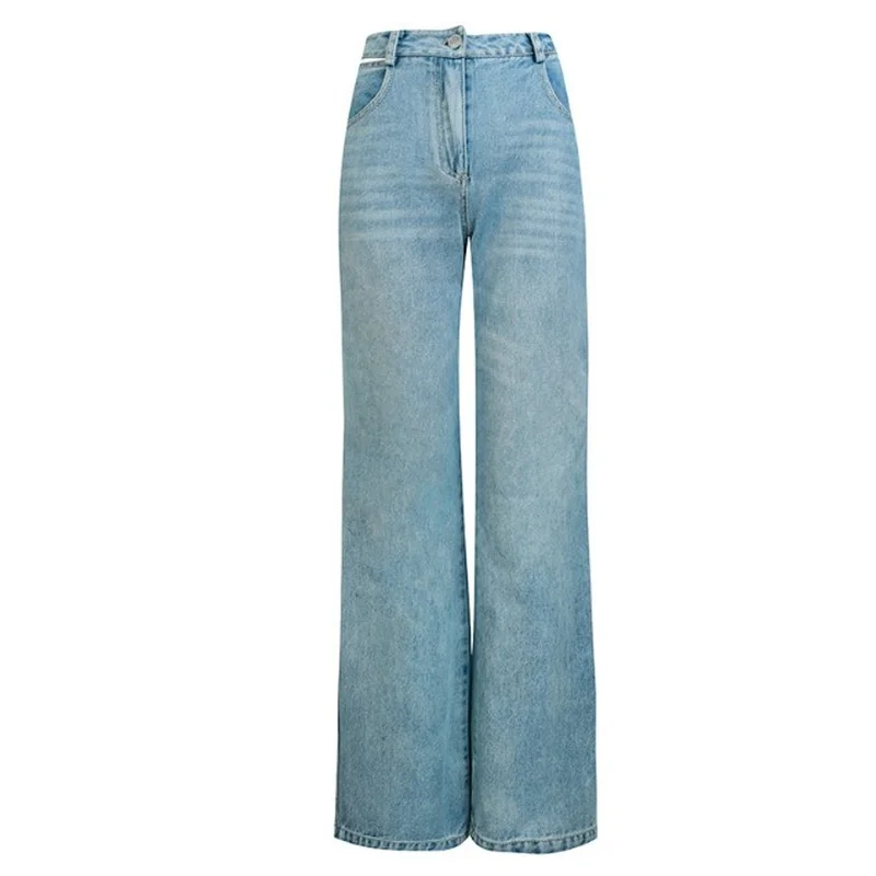 Fashion Light Blue Love Pocket Loose Casual Straight Light Thin Hole Denim Trousers Female Summer New Y2k Baggy Wide Leg Jeans