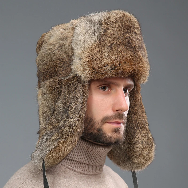 Fashion Thick Warm Bomber Men Real Rabbit Fur Earflap Trapper Russian Cap Plus Size Winter Ski