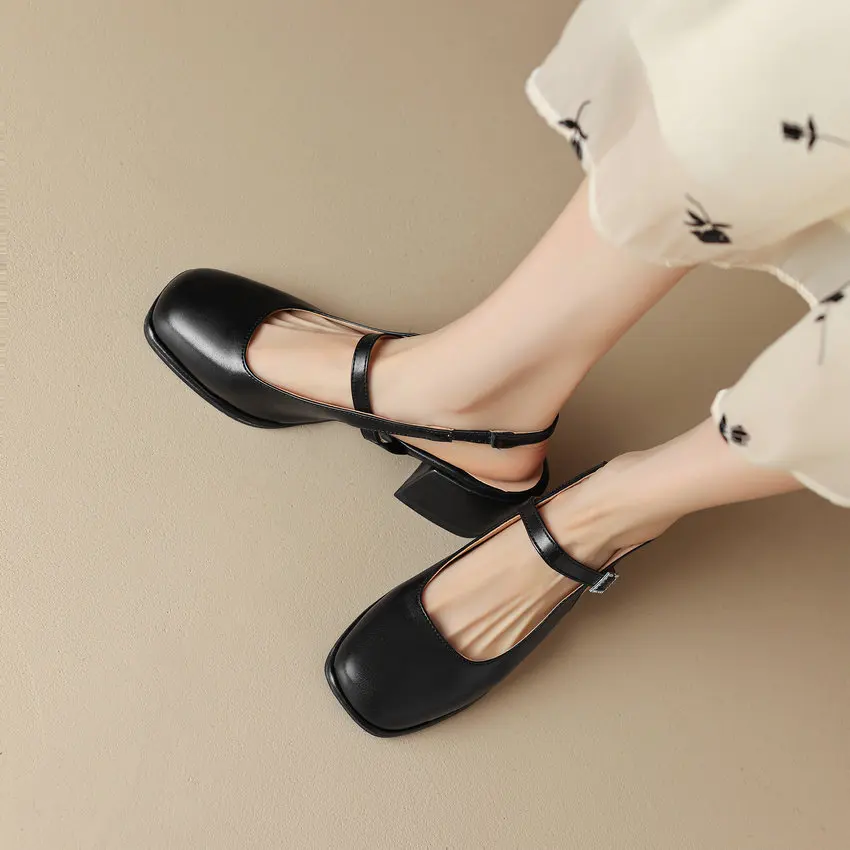 QUTAA Women Pumps Spring Summer Slingbacks Sandals Working Thick Med Heels Genuine Leather Shoes Woman Size 34-43