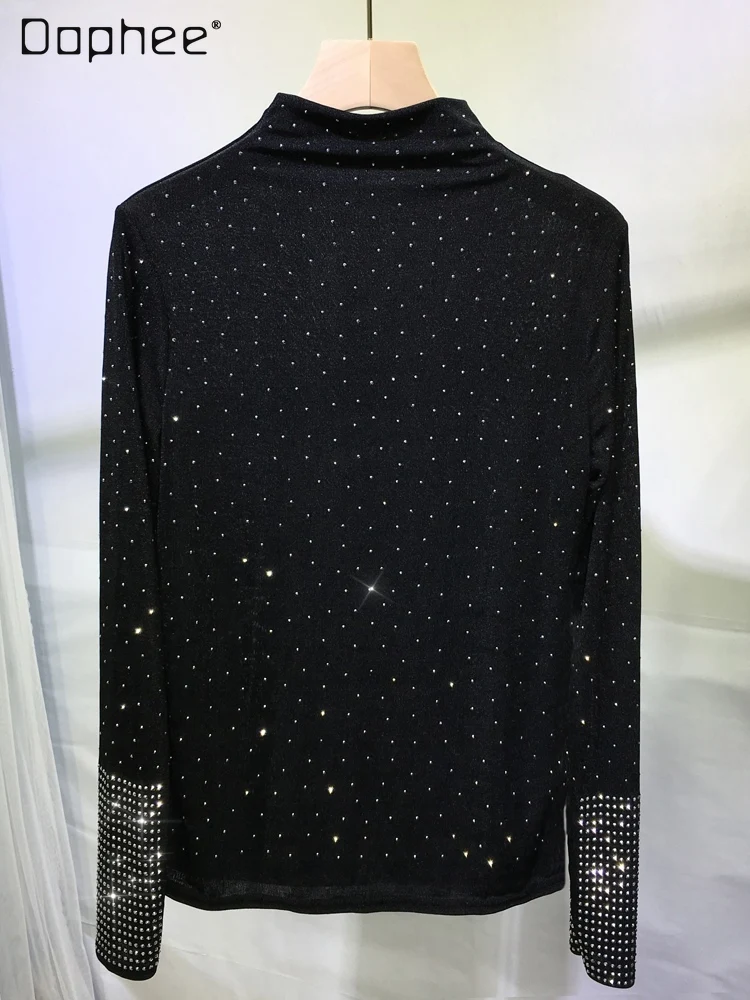 

Heavy Industry Rhinestone Thin Half-High Collar Long Sleeves Bottoming Shirt for Women 2023 Spring and Autumn Slim-Fit Black Top