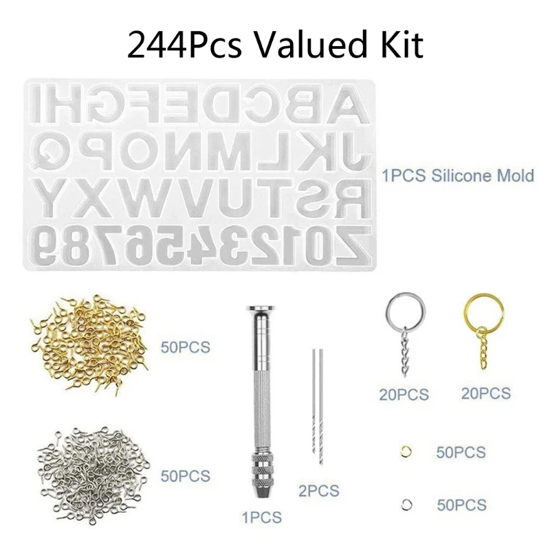 244 Pcs Letter Number Keychain Molds Set Resin Pendant Casting Mold with for Key Ring Jump Rings Screw Eye Pin Drop shipping