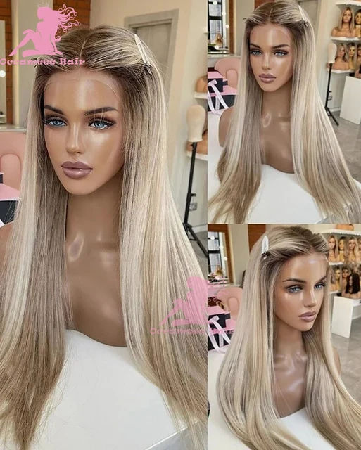 Femme perruques Hightlight blond cendré perruques de cheveux humains 13x6 perruque frontale en dentelle transparente pré plumé noeuds blanchis droite naturelle H 1