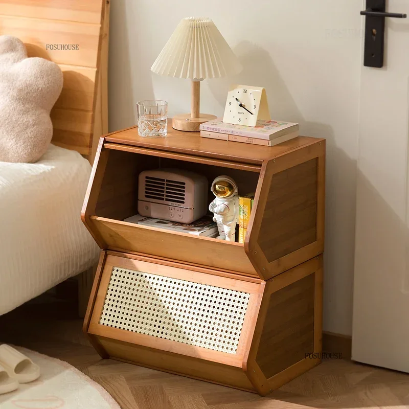 Double-layer Bamboo Nightstands for B&B Chinese Breathable Night Table Minimalist Multifunctional Bedside Table for Kitchen