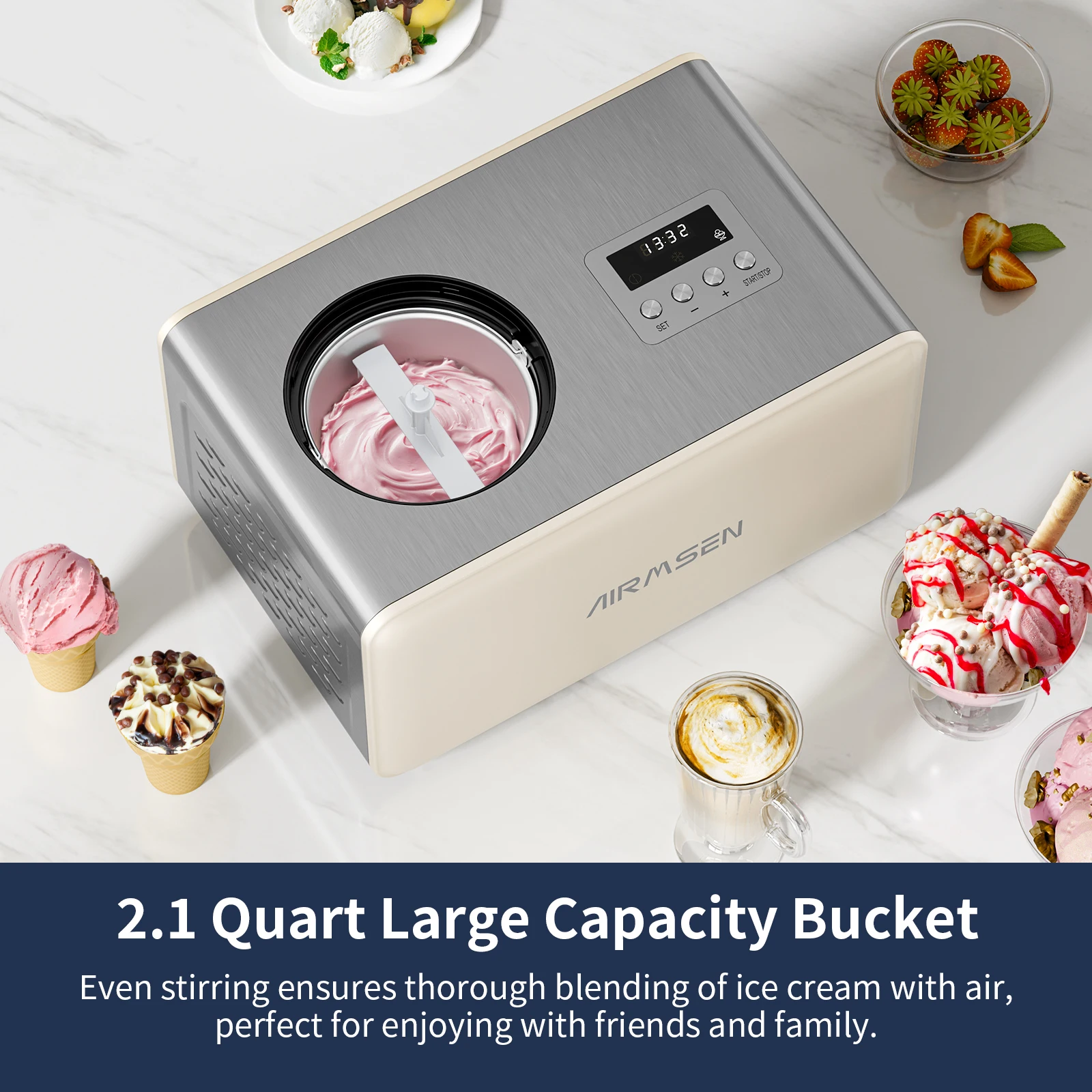 AIRMSEN 2.1 Quart Ice Cream Maker, No Prefreeze Electric Ice Cream Maker with Compressor and LCD Timer for Frozen Yogurt, Sorbet 5