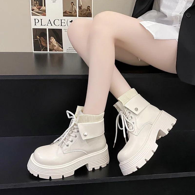 Chunky Platform Women's Motorcycle Boots Autumn Winter Short Plush Warm Ankle Boots Women Waterproof Pu Learher Botas Mujer