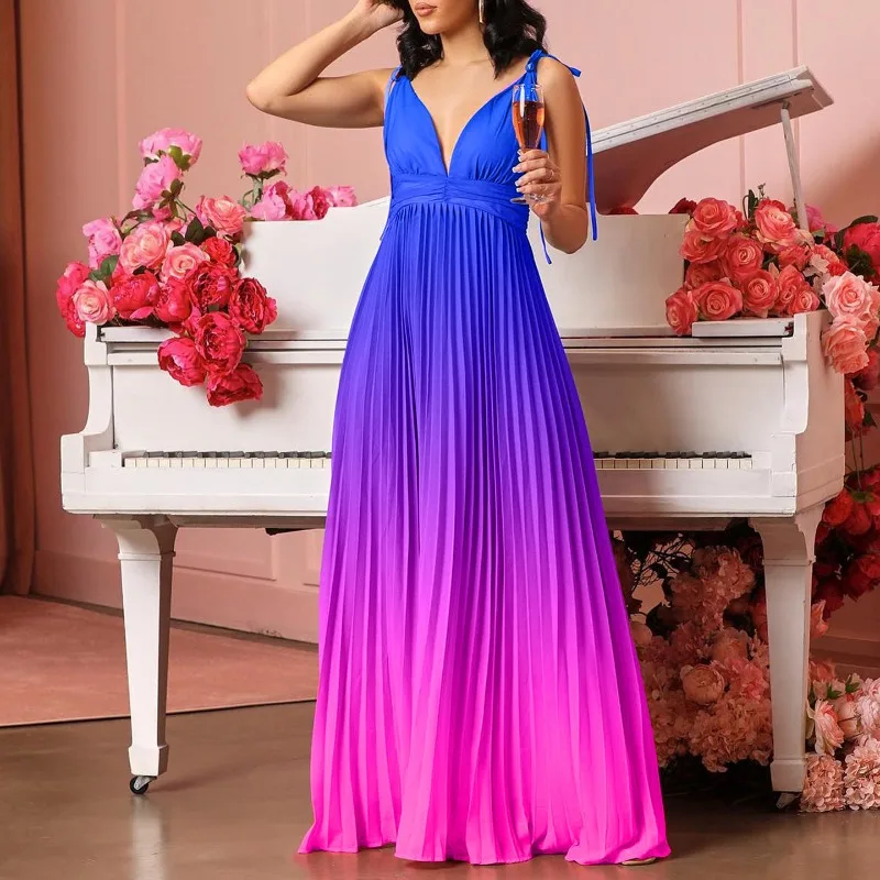 Women Gradient Color Tie Up Stap Sleeveless Pleated Backless V-neck Maxi Dress 2024 Fashion Street Vestidos Sexy Dresses