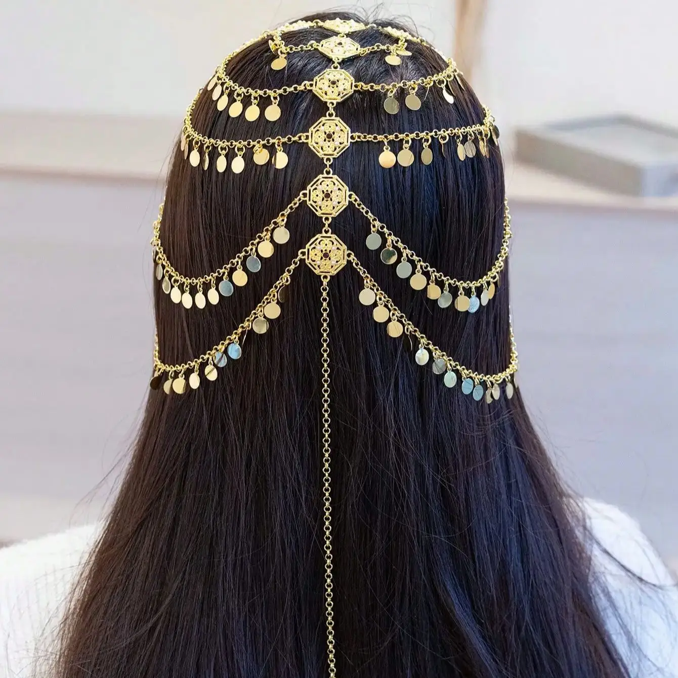 Kurdish-Ottoman Bridal Headdress: 24K Gold Plated Coin Veil Chain