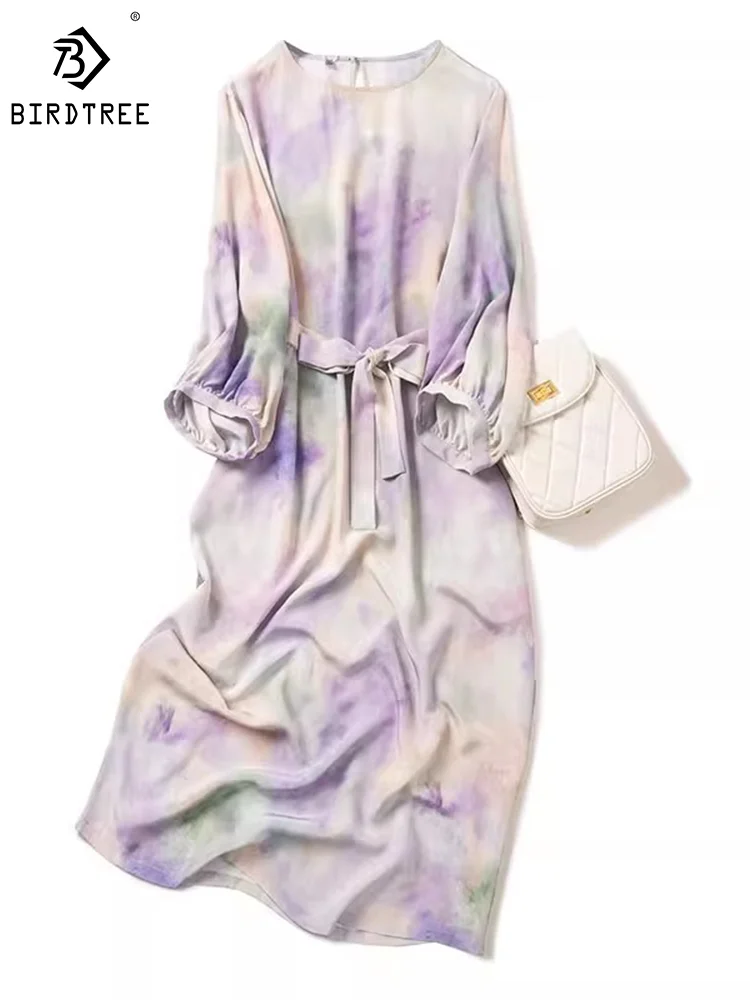 

Birdtree 100%Mulberry Silk Elegant Dress Women Fashion O Neck Long Sleeve Belt Purple Pink Print Dress Spring Autumn D37735QM