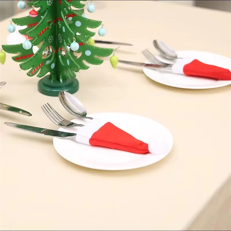 Mini Christmas Hat Wine Bottle Beverage Bottle Cap Decoration Knife Fork Santa Claus Hat Set Christmas Party Scene Decoration