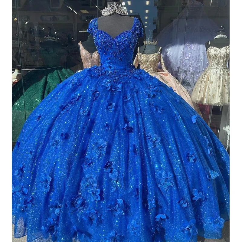 

Navy Blue Beaded Pearls 3DFlowers Spaghetti Quinceanera Dresses Ball Gown Sweet Sixteen Dress Wedding Gowns Tulle vestidos de 15