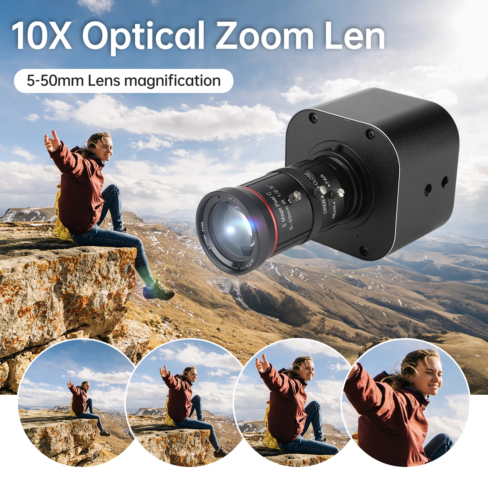4K HD USB Camera 10X Optical Zoom 5-50mm Variable Lens 8MP Mini Web Camera with Microphones 1920x1080@60fps Manual Focus