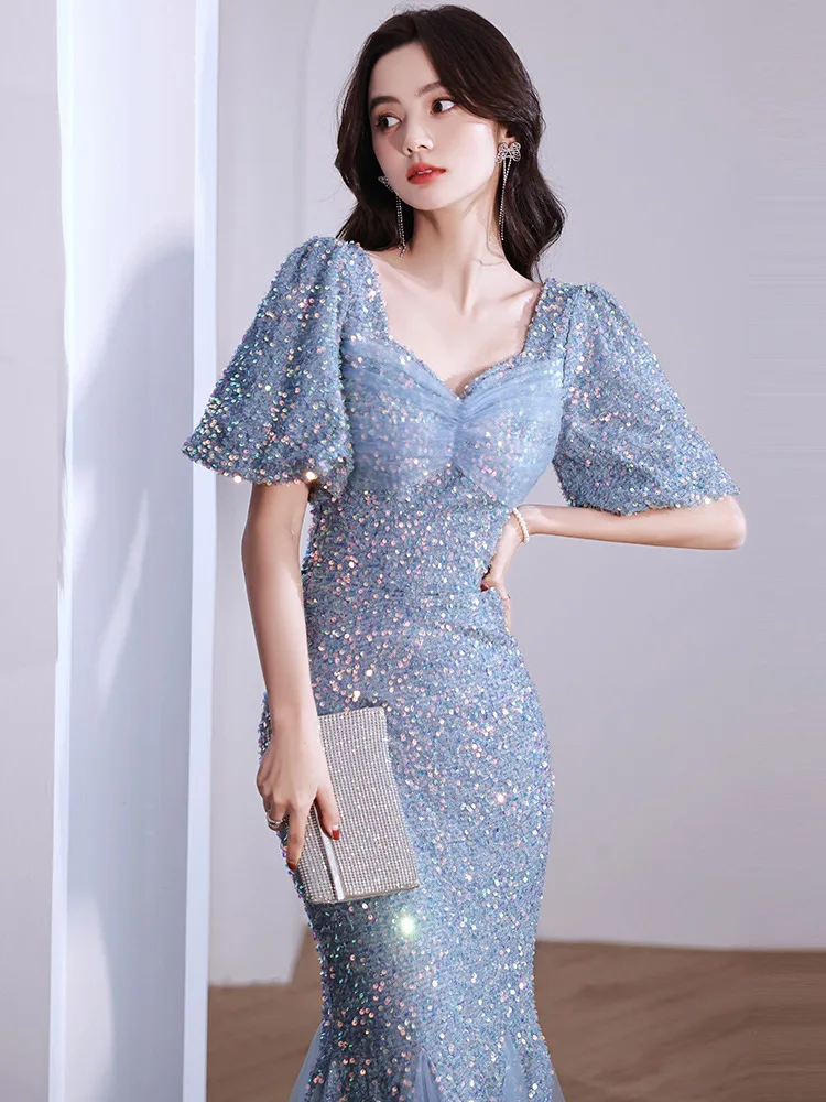 

Элегантные темпераментные приталенные вечерние платья с квадратным вырезом и пышными рукавами, свадебные вечерние платья с блестками, платье-футляр для выпускного вечера