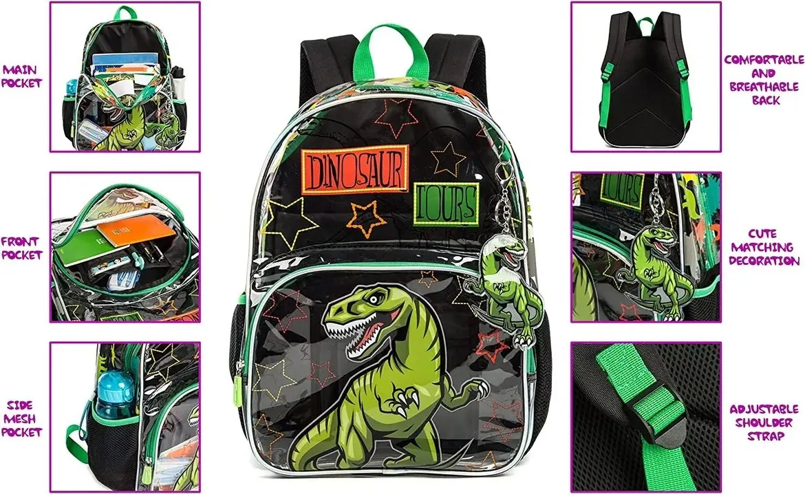 3pcs/set Transparent Kids Backpack with Cartoon Print Lightweight Waterproof Boys and Girls School Bags Lunch Bag Pencil Case