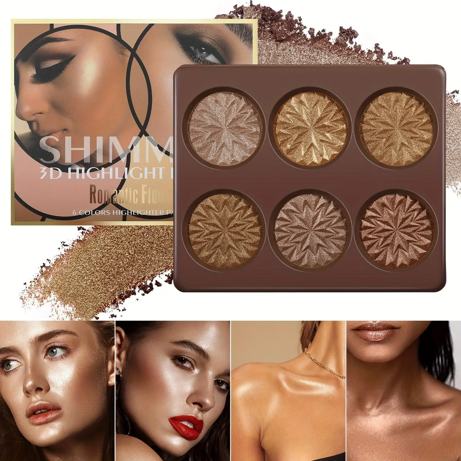 6-Color Highlighter Palette – Deep-toned shimmer pressed powder for an all-over face glow. Full-coverage face makeup with lumino