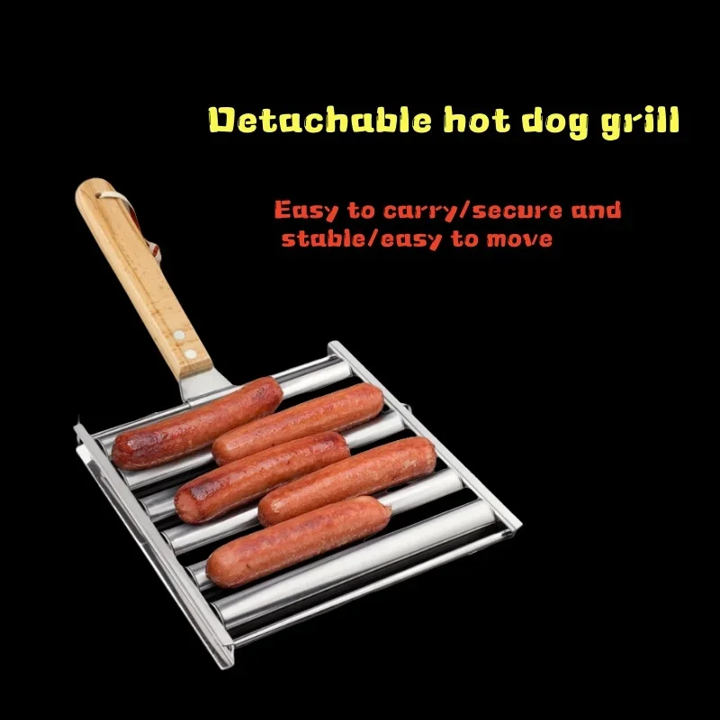 Hotdog Roller Grillers BBQ Tools Hot Dog Roller with Extra Long Wood Handle Stainless Steel Sausage Rack accessories