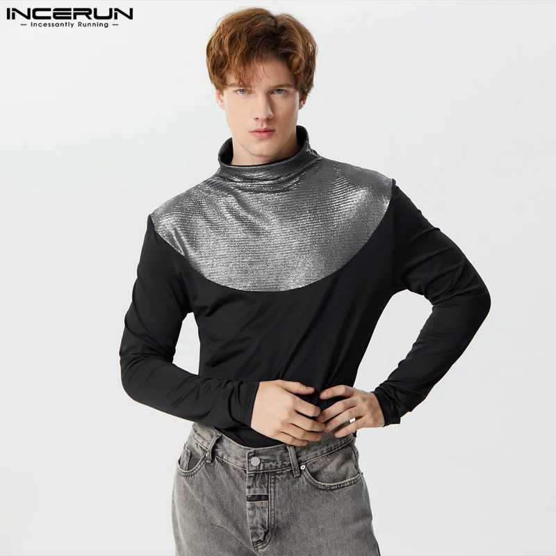 

INCERUN Топы 2023 в американском стиле, новинка, мужские футболки из блестящей ткани в стиле пэчворк, Повседневная модная женская футболка с высоким воротом и длинным рукавом