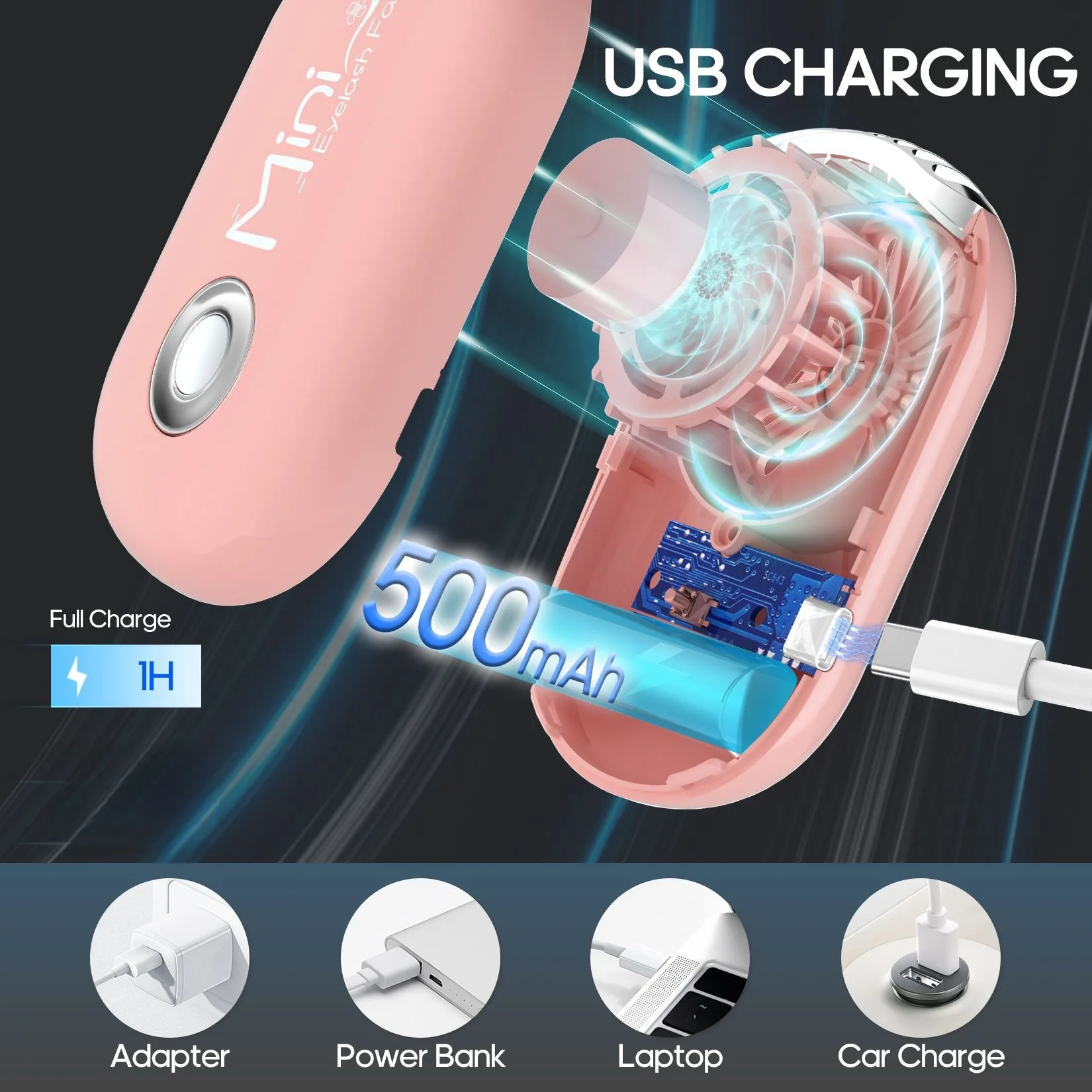 휴대용 속눈썹 팬 드라이어, USB 충전식 속눈썹 연장 팬, 메이크업 건조 및 냉각용 에어 블로워, 핑크