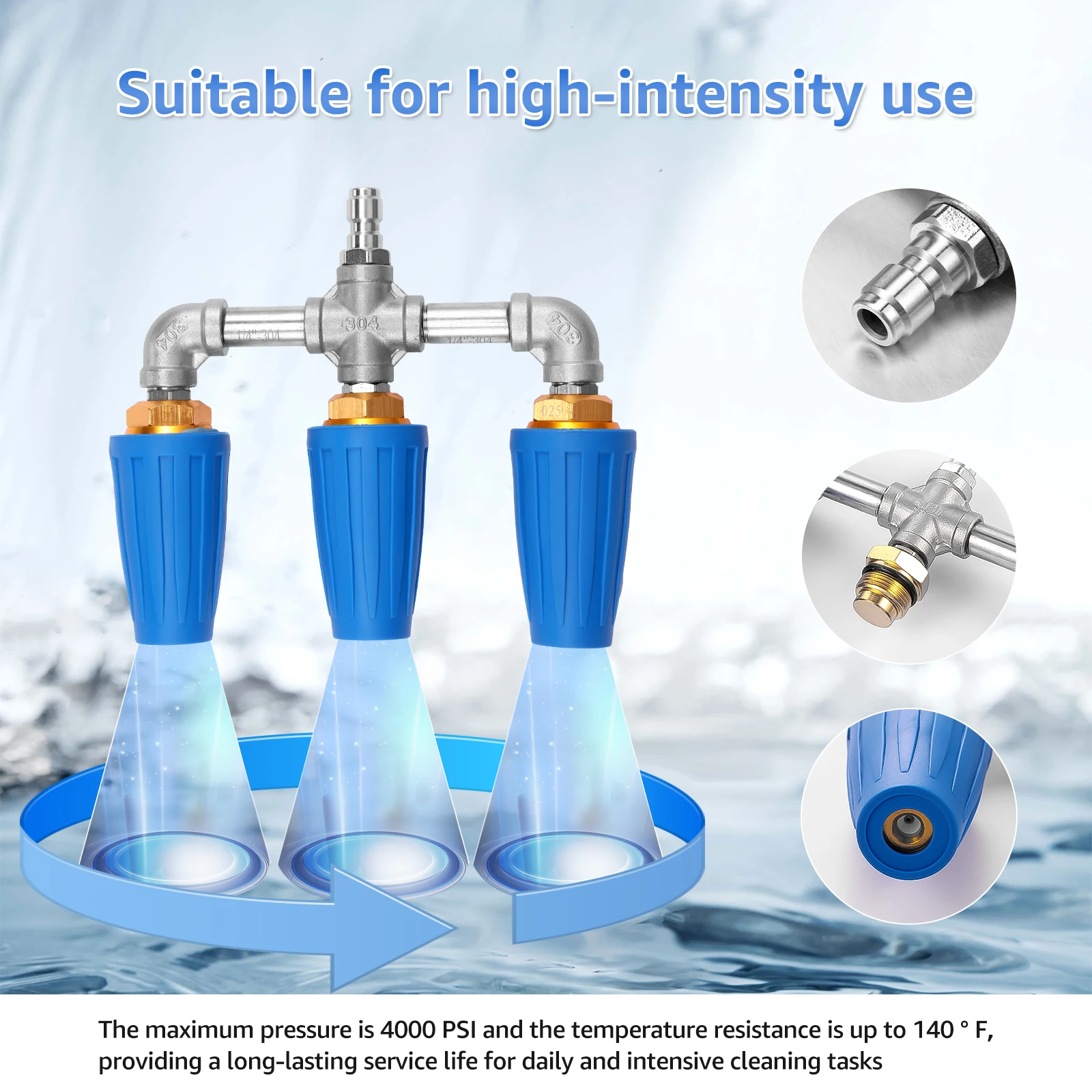 Pressure Washer Triple Turbine Nozzle  360° Rotating Turbo Nozzle Sprayer 4000 PSI With 1/4" Quick Connector 2