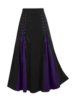 European and American fashion women's plus-size skirt color matching buttonhole lace-up high waist A-line skirt