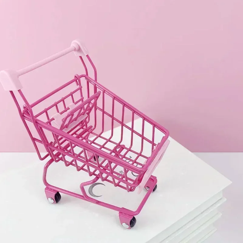 Simulation Supermarket Hand Trolleys Pretend Play Toy Mini Shopping Cart Kids Toys Kids Room Desktop Storage Basket Home Decor 3