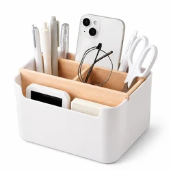 Elegant Wooden Desk Organizer: Pen & Pencil Holder and Multifunctional Storage Box (White)