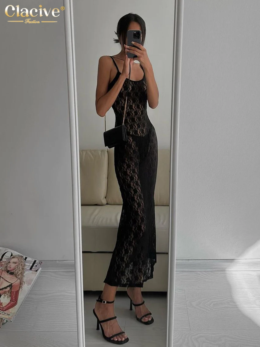 

Clacive Bodycon Black Lace Women'S Dress Sexy Strap Sleeveless Ankle Length Dress Elegant Slim See Though Party Dresses Female