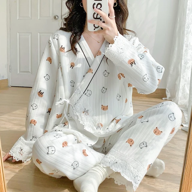 Pyjama épais de maternité, ensemble de vêtements de nuit, en coton  rembourré, dentelle, col en V, alimentation, costume, vêtements de grossesse,  automne, hiver - AliExpress