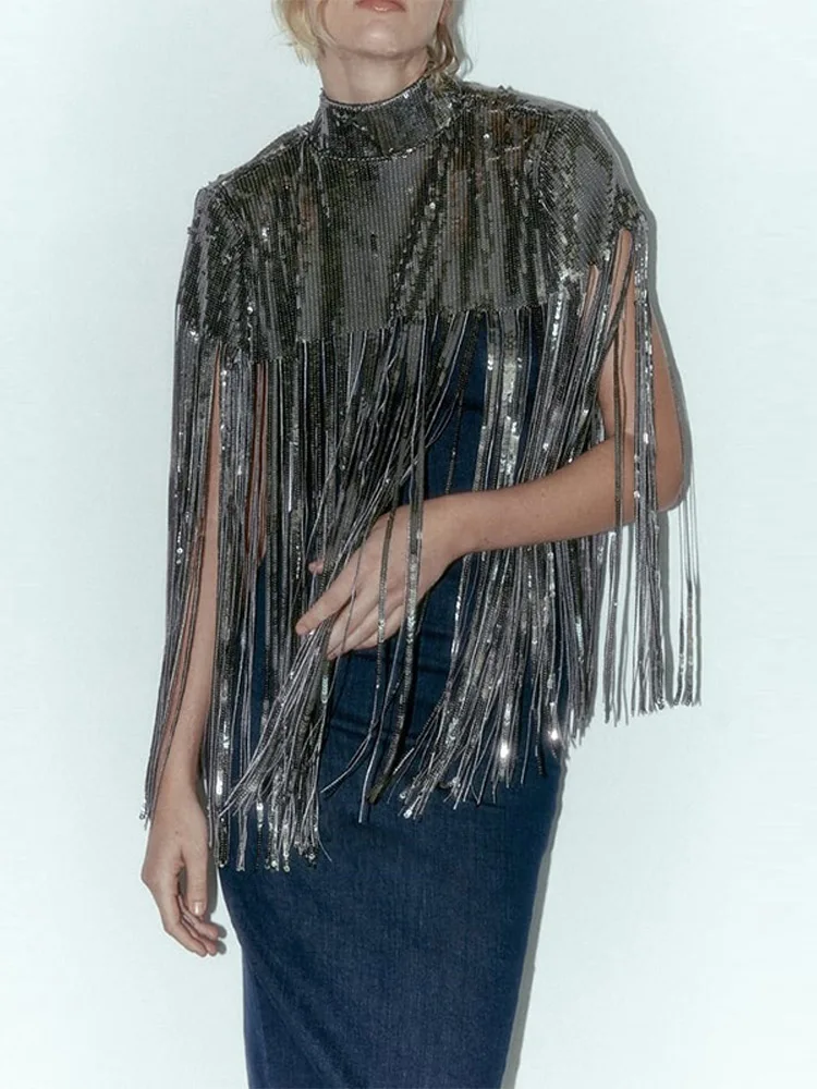 

Женский короткий пуловер с блестками, элегантный топ с круглым вырезом и бахромой, уличная одежда на осень и зиму