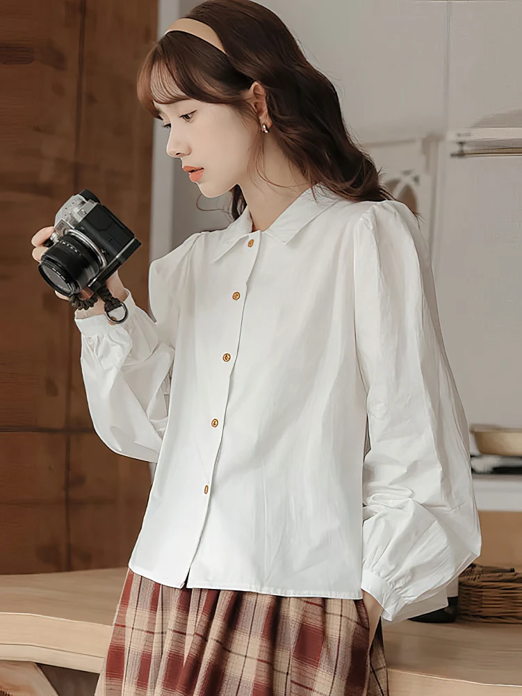 School Vintage Puff Long sleeve Shirt Women Cotton Youthful Basic