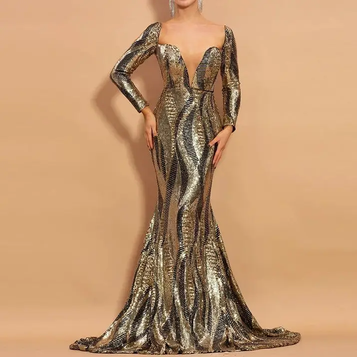 

MUXI Ladies Gold Sequin Sexy Long Sleeved Slim Fitting Banquet Evening Dress, Floor Length V-neck Dress