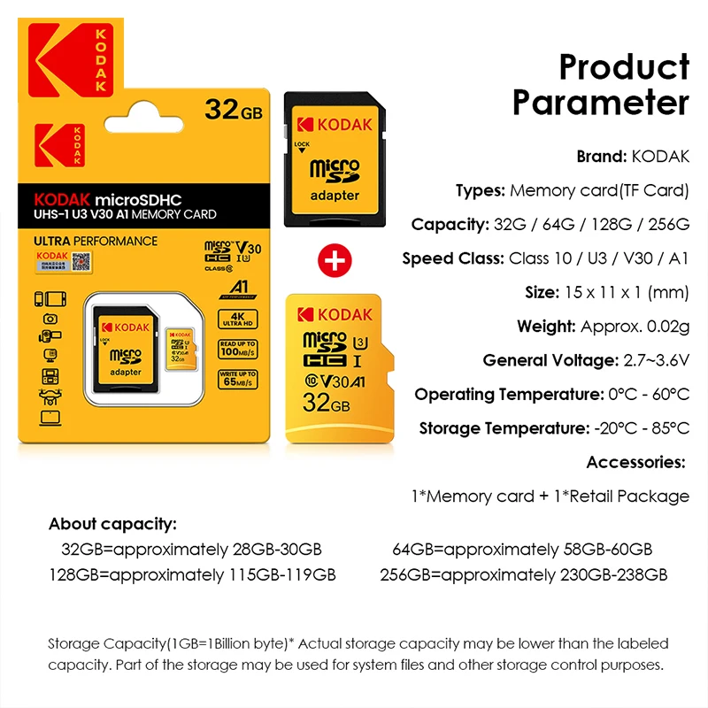  KODAK 256GB ޸ ī 128GB U3 4K ũ SD ī 64GB 32GB A1 SDHC Microsd UHS-I C10 TF Ʈ ÷ Microsd
