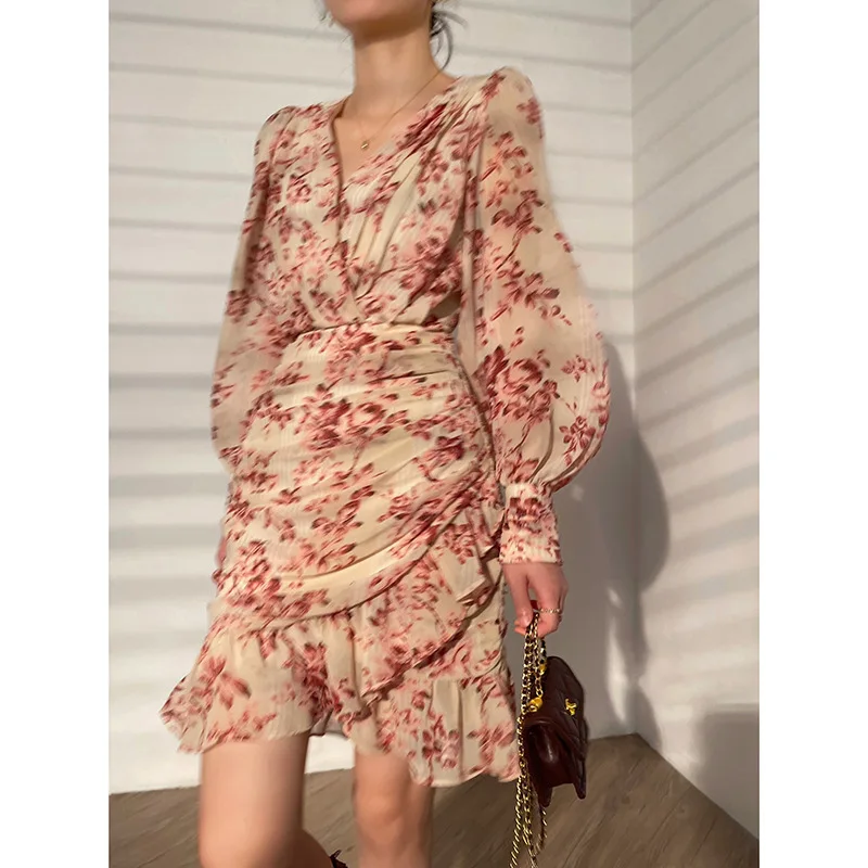 

Summer Chiffon Bodycon Dress For Women 2023 New Fashion Flower Printed Long Sleeve Ruffle Mini Dress Elegant V Neck Dress Q005