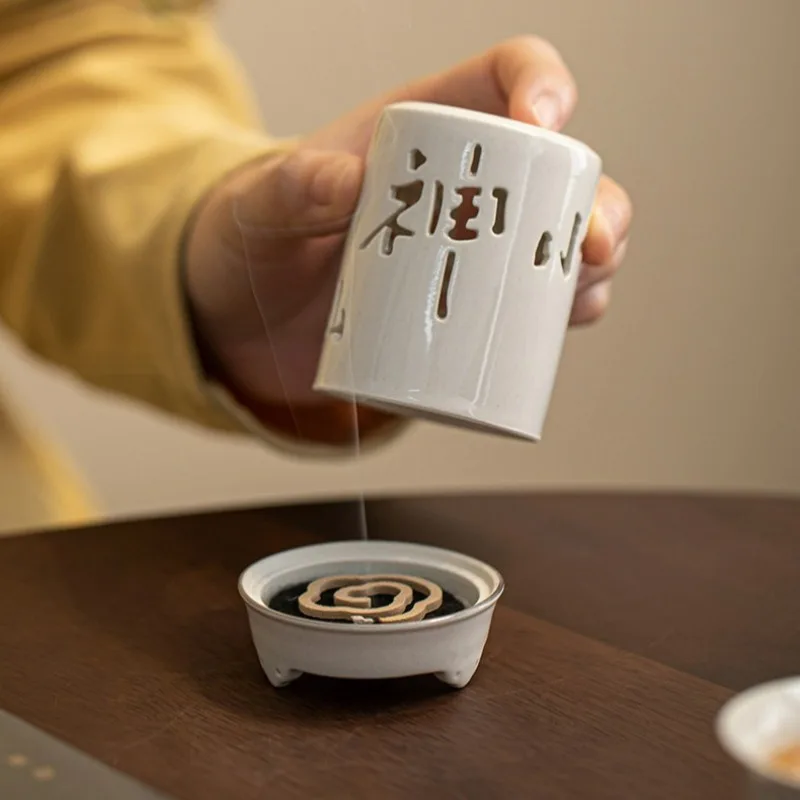 Ash Glaze Ceramic Incense Burner Song Dynasty Style Small Coil Holder for Tea Room Zen Meditation Sandalwood Aromatherapy Decor