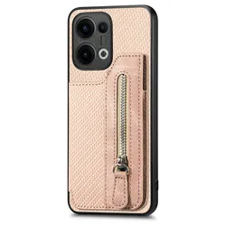 Luxury Zipper Leather Wallet Case with Card Holder and Magnetic Back Cover for Reno 15 Pro Mini (Khaki)