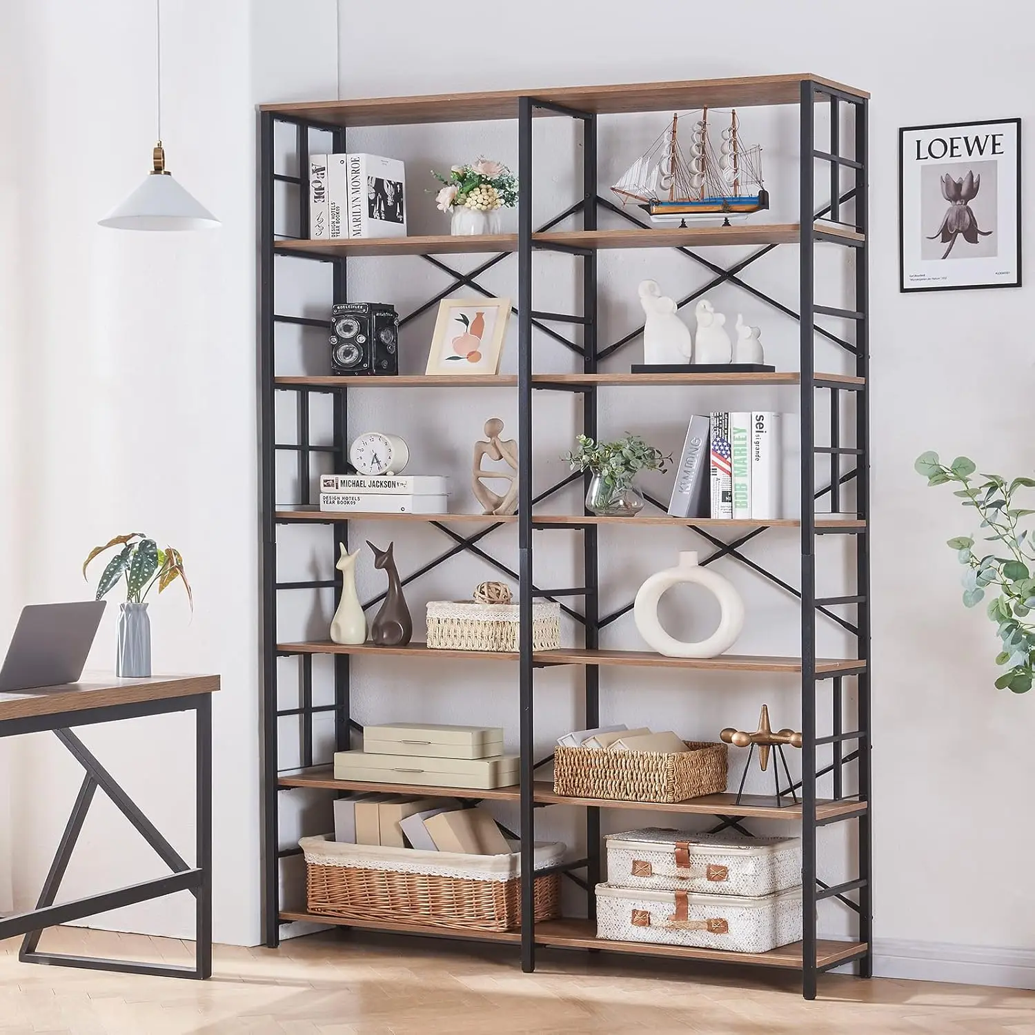 Bookshelf, Industrial Double Wide 7-Tier Bookshelves, 84" Tall Bookcase with Open Shelves, Heavy Duty Bookcases with Storage