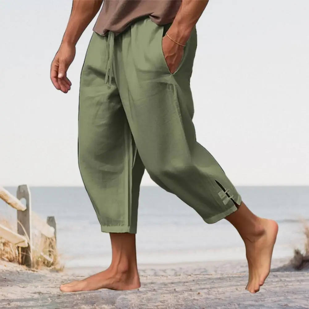 Beach Slits Trousers Men's Summer Vacation Beach Trousers with Drawstring Elastic Waist Deep Crotch Loose Pockets for Comfort