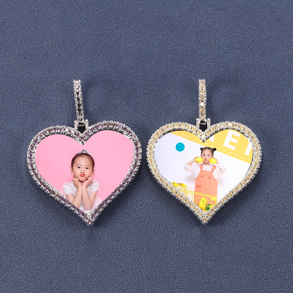 Hot Selling Customization Gold Plated Copper Iced Out Heart Shape Photo Pendant Sublimation Necklace 2