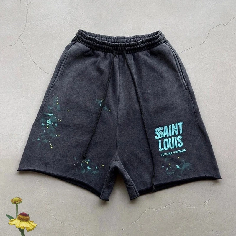 

SAINT LOUIS Casual Shorts Old Dirty Splash Ink Destroy Logo Washed Black Pants Saint Michael Sweatpants Unisex