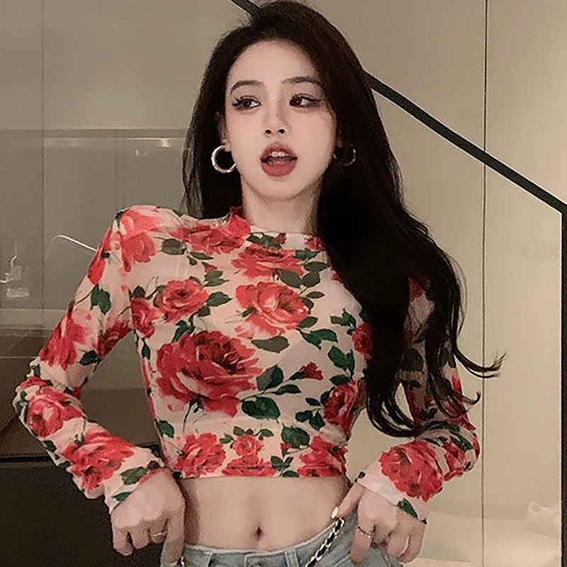 Herbst Frauen Retro Blumen Rundhals ausschnitt Langarm T-Shirt schlanke Crop Top – Detail 10