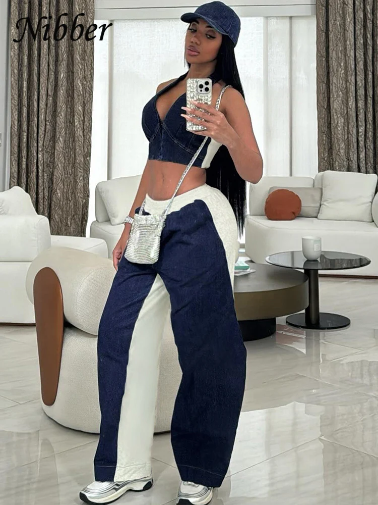 Nibber Sporty Women 2 Piece Set Tracksuit Zip Halter Single-Breasted Tank Tops+Straight Pants Matching  Street Hip Hop Outfits