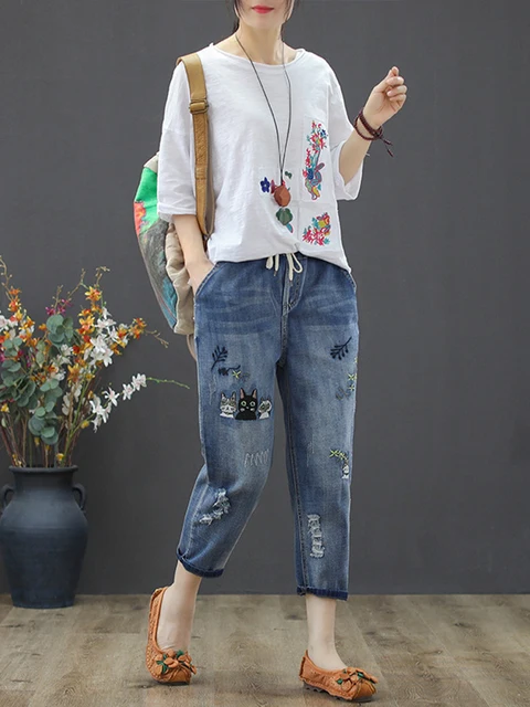 Elastic Jeans with cats embroidery