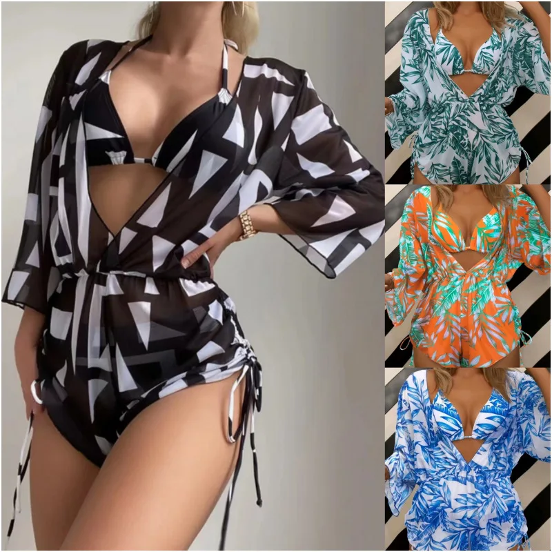 

2023 New 3 Piece Bikini Set High Waist Swimsuit Women Long Sleeve Cover Up Print Halter Swimwear Beach Wear Sexy Bathing Suit
