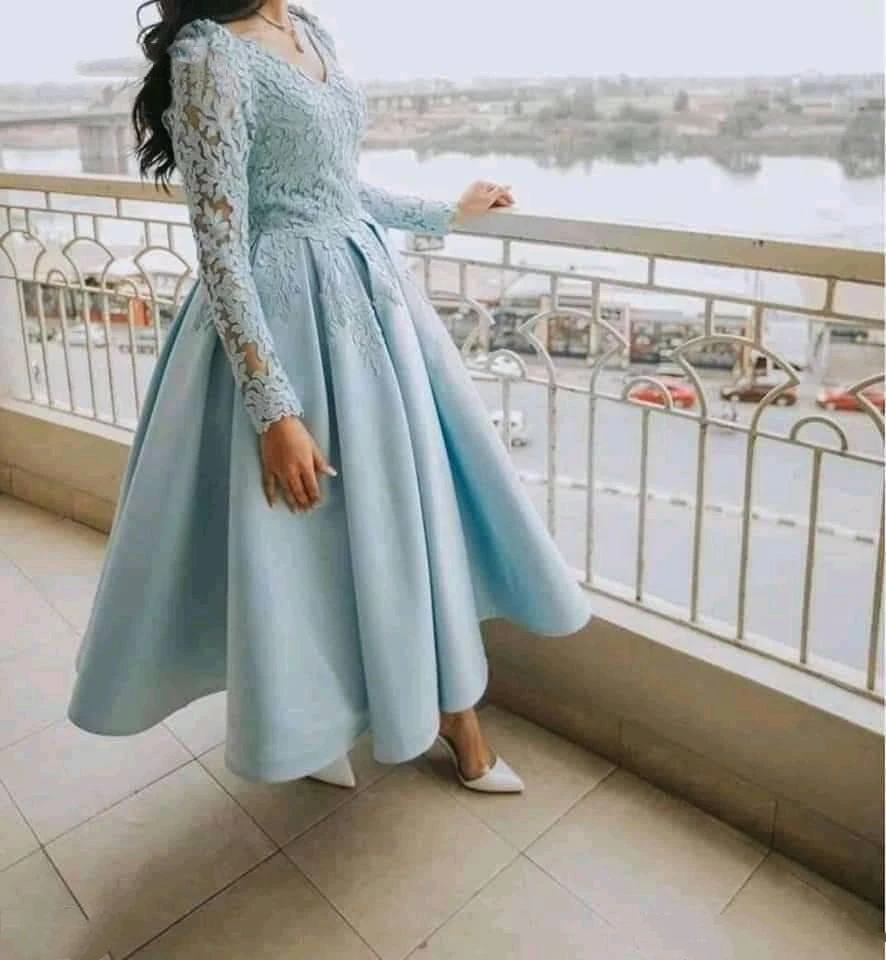 

Elegant Ankle Length Satin A Line Prom Dress With Long Sleeves Lace Appliques V Neck Women Formal Occasion Evening Gown 2024